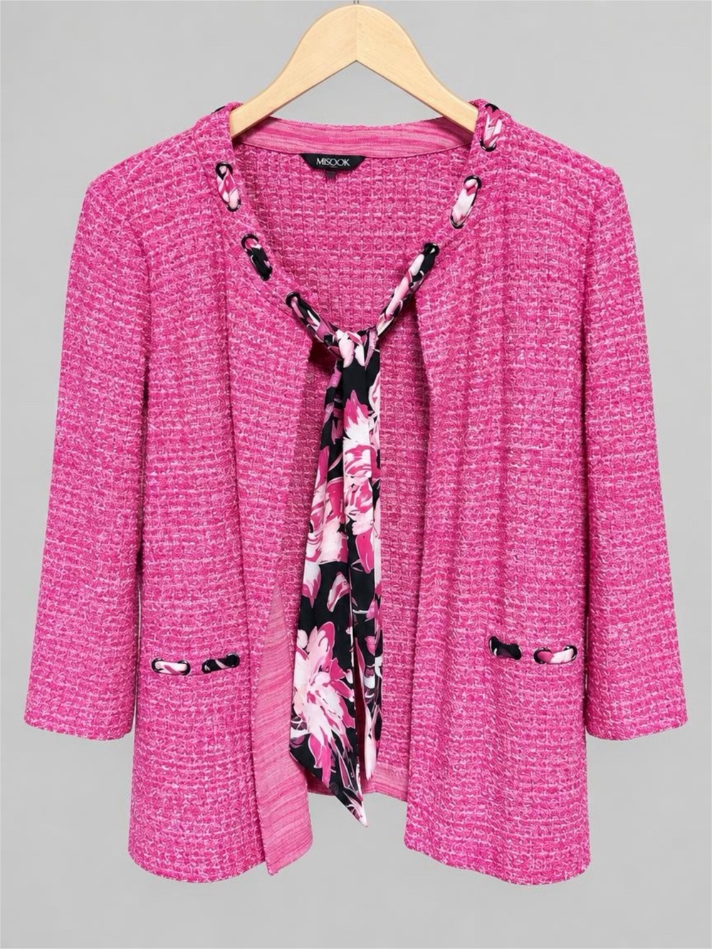 Misook Pink Textured Knit Cardigan Jacket Scarf Detail Pockets L
